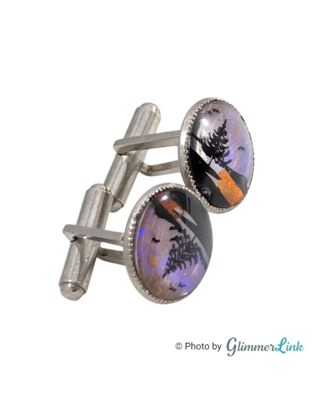 Vintage Butterfly Wing Landscape Cufflinks Hand Painted Scenic Silver Tone